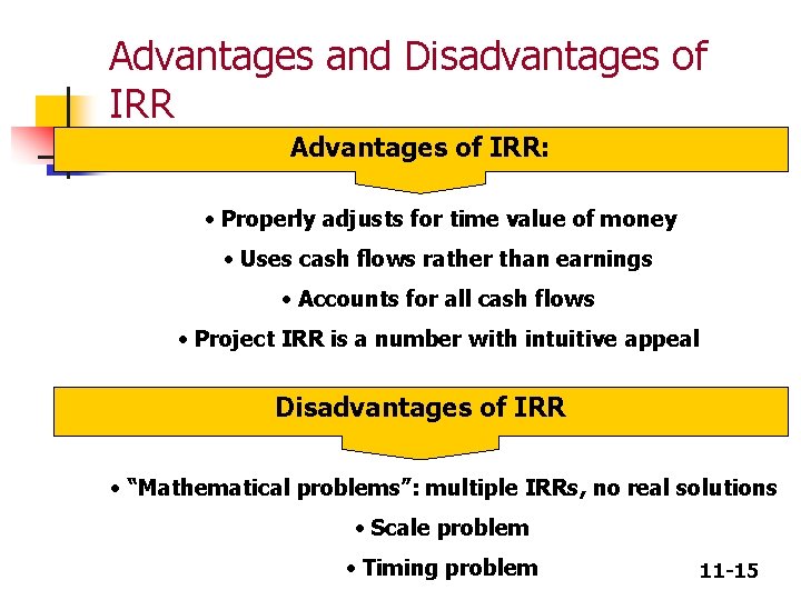 Advantages and Disadvantages of IRR Advantages of IRR: • Properly adjusts for time value