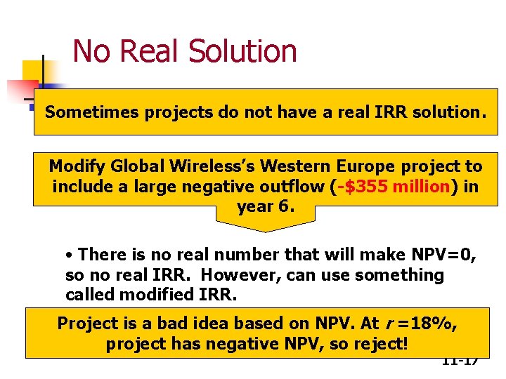 No Real Solution Sometimes projects do not have a real IRR solution. Modify Global