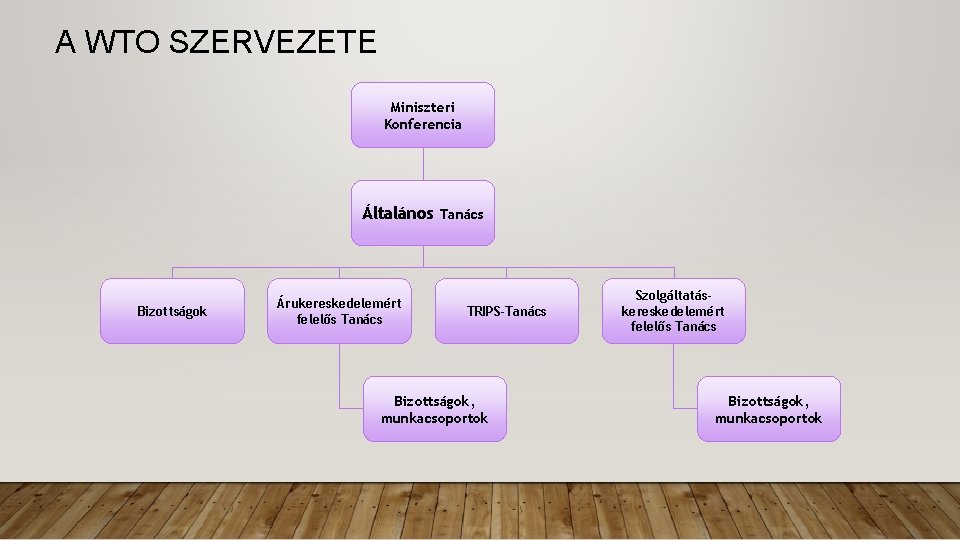 A WTO SZERVEZETE Miniszteri Konferencia Általános Tanács Bizottságok Árukereskedelemért felelős Tanács TRIPS-Tanács Bizottságok, munkacsoportok