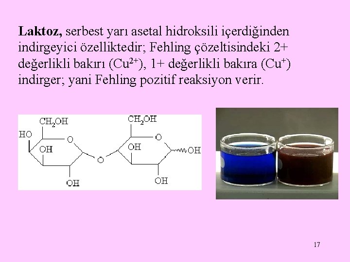 Laktoz, serbest yarı asetal hidroksili içerdiğinden indirgeyici özelliktedir; Fehling çözeltisindeki 2+ değerlikli bakırı (Cu