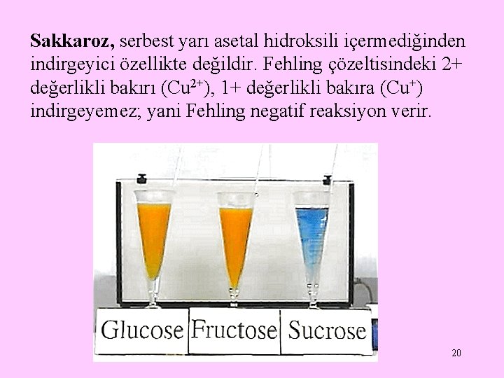 Sakkaroz, serbest yarı asetal hidroksili içermediğinden indirgeyici özellikte değildir. Fehling çözeltisindeki 2+ değerlikli bakırı