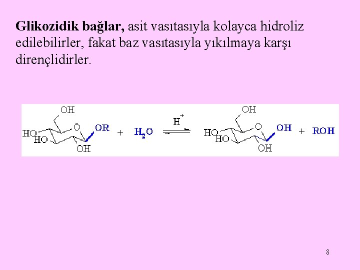 Glikozidik bağlar, asit vasıtasıyla kolayca hidroliz edilebilirler, fakat baz vasıtasıyla yıkılmaya karşı dirençlidirler. 8