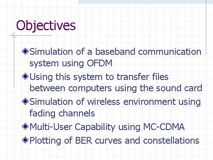 Objectives Simulation of a baseband communication system using OFDM Using this system to transfer