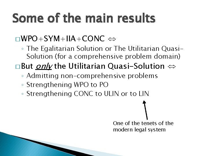 Some of the main results � WPO+SYM+IIA+CONC ⇔ ◦ The Egalitarian Solution or The