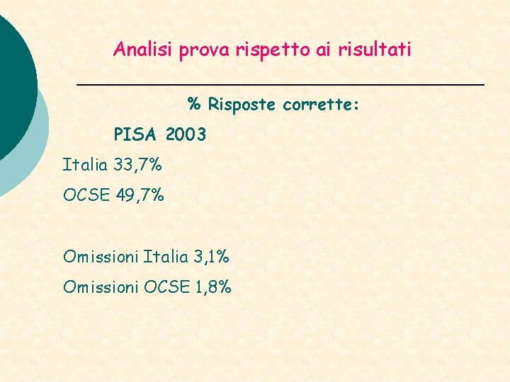 Analisi prova rispetto ai risultati % Risposte corrette: PISA 2003 Italia 33, 7% OCSE