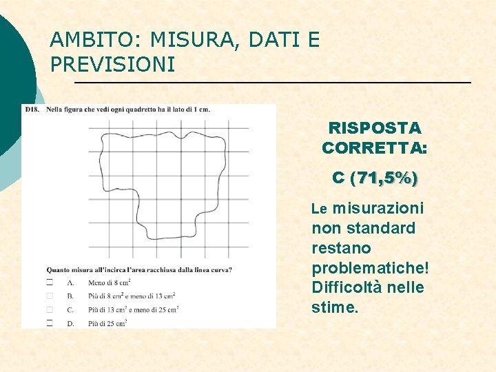 AMBITO: MISURA, DATI E PREVISIONI RISPOSTA CORRETTA: C (71, 5%) misurazioni non standard restano