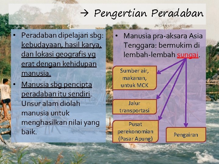  Pengertian Peradaban • Peradaban dipelajari sbg: kebudayaan, hasil karya, dan lokasi geografis yg