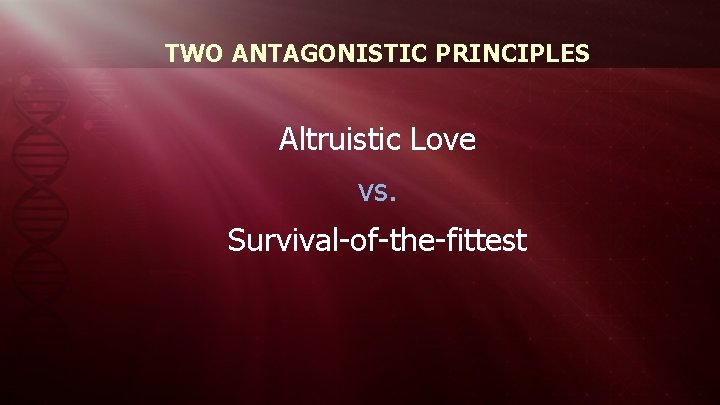 TWO ANTAGONISTIC PRINCIPLES Altruistic Love vs. Survival-of-the-fittest 