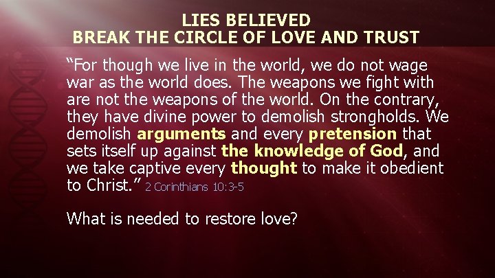LIES BELIEVED BREAK THE CIRCLE OF LOVE AND TRUST “For though we live in