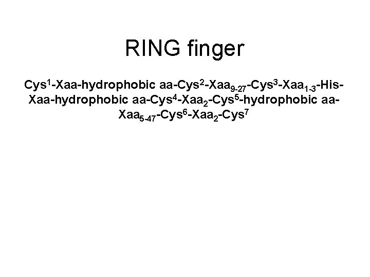 RING finger Cys 1 -Xaa-hydrophobic aa-Cys 2 -Xaa 9 -27 -Cys 3 -Xaa 1