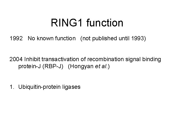 RING 1 function 1992 No known function (not published until 1993) 2004 Inhibit transactivation