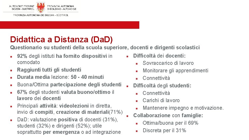 Didattica a Distanza (Da. D) Questionario su studenti della scuola superiore, docenti e dirigenti