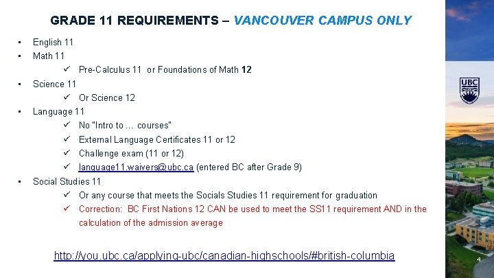 GRADE 11 REQUIREMENTS – VANCOUVER CAMPUS ONLY • English 11 • Math 11 ü