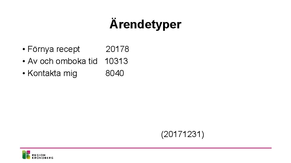 Ärendetyper • Förnya recept 20178 • Av och omboka tid 10313 • Kontakta mig