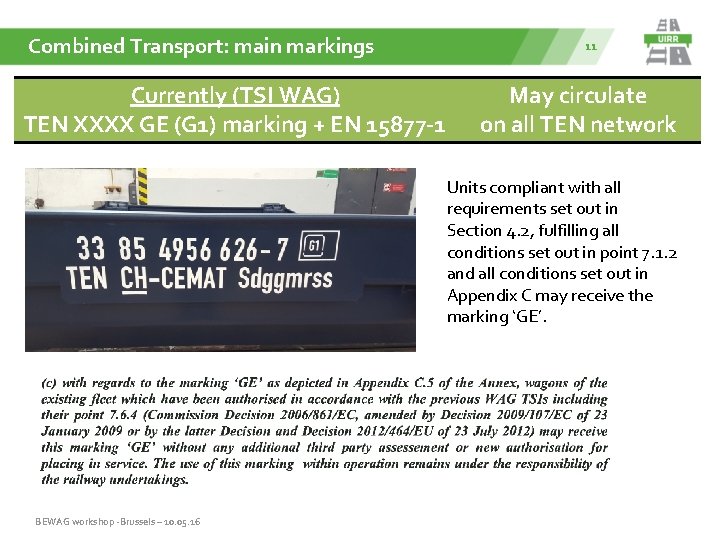 Combined Transport: main markings Currently (TSI WAG) TEN XXXX GE (G 1) marking +