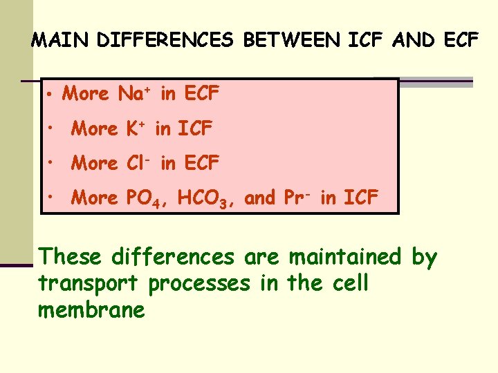 MAIN DIFFERENCES BETWEEN ICF AND ECF • More Na+ in ECF • More K+