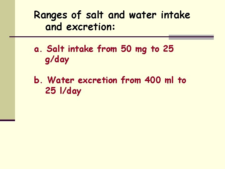 Ranges of salt and water intake and excretion: a. Salt intake from 50 mg