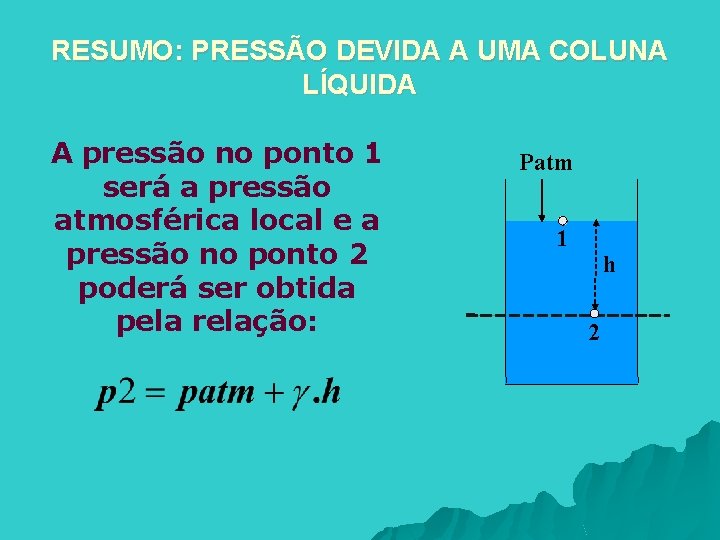 RESUMO: PRESSÃO DEVIDA A UMA COLUNA LÍQUIDA A pressão no ponto 1 será a