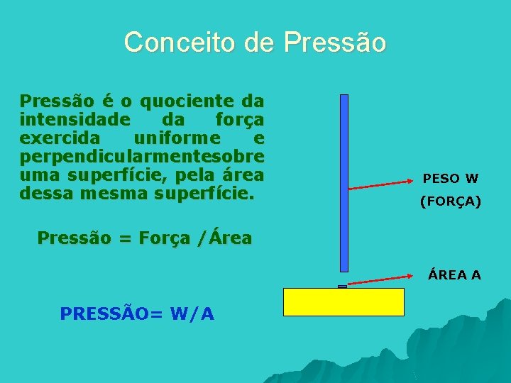 Conceito de Pressão é o quociente da intensidade da força exercida uniforme e perpendicularmentesobre