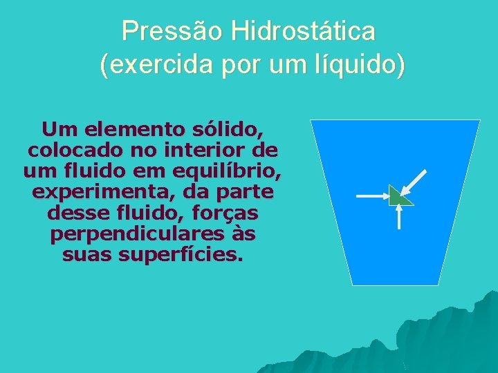 Pressão Hidrostática (exercida por um líquido) Um elemento sólido, colocado no interior de um