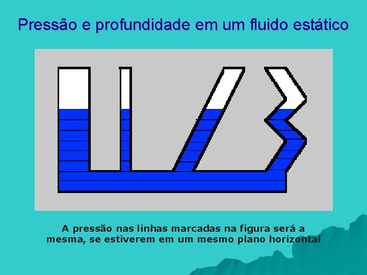 Pressão e profundidade em um fluido estático A pressão nas linhas marcadas na figura