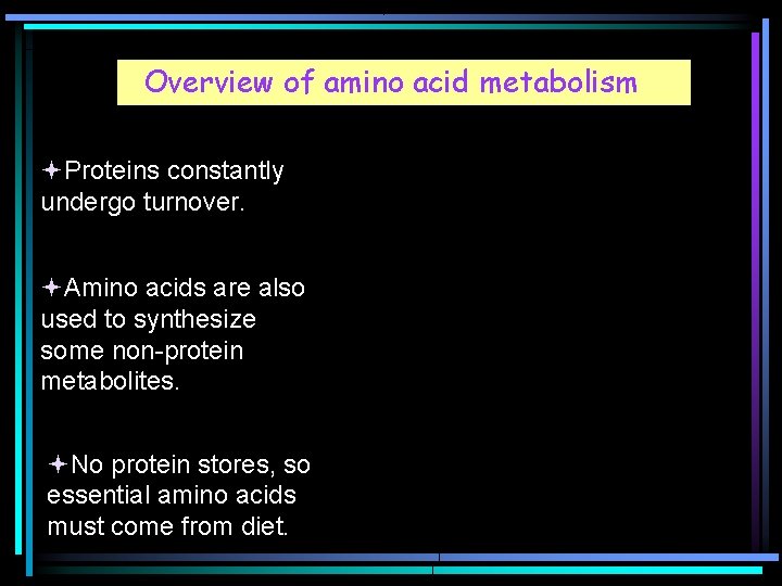 Overview of amino acid metabolism Proteins constantly undergo turnover. Amino acids are also used