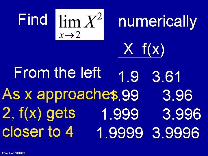 Find numerically X f(x) From the left 1. 9 3. 61 As x approaches