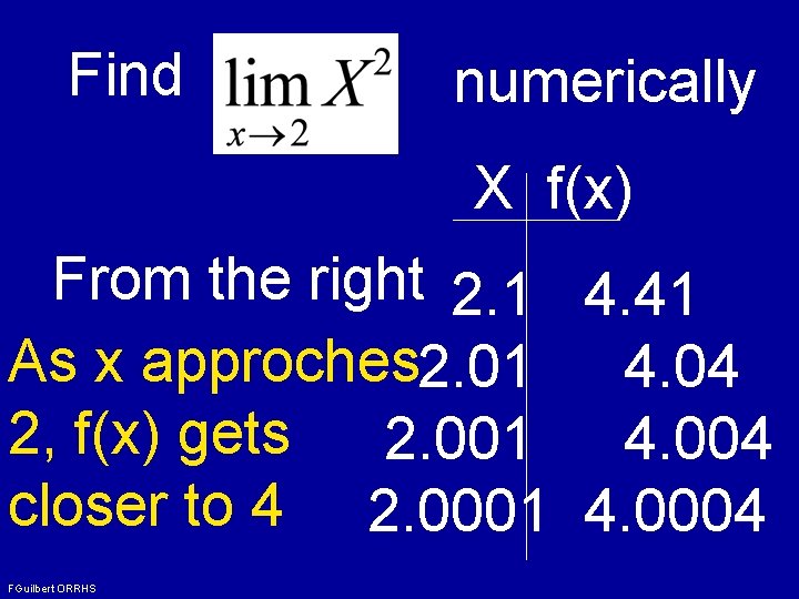 Find numerically X f(x) From the right 2. 1 4. 41 As x approches