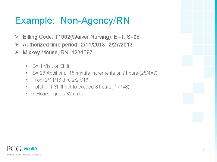 Example: Non-Agency/RN Ø Billing Code: T 1002(Waiver Nursing); B=1; S=28 Ø Authorized time period--2/11/2013