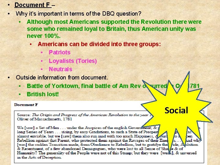  • Document F – • Why it’s important in terms of the DBQ