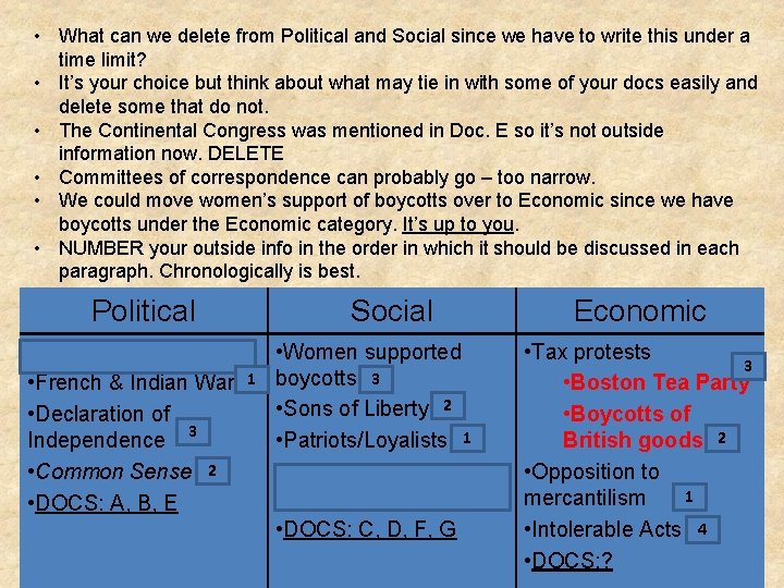  • What can we delete from Political and Social since we have to