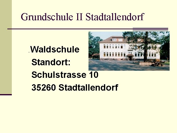 Grundschule II Stadtallendorf. Waldschule Standort: Schulstrasse 10 35260 Stadtallendorf 
