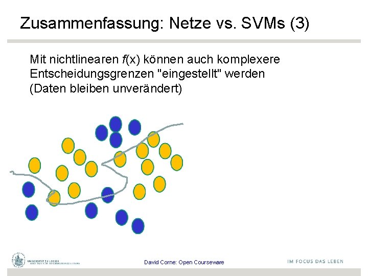 Zusammenfassung: Netze vs. SVMs (3) Mit nichtlinearen f(x) können auch komplexere Entscheidungsgrenzen "eingestellt" werden