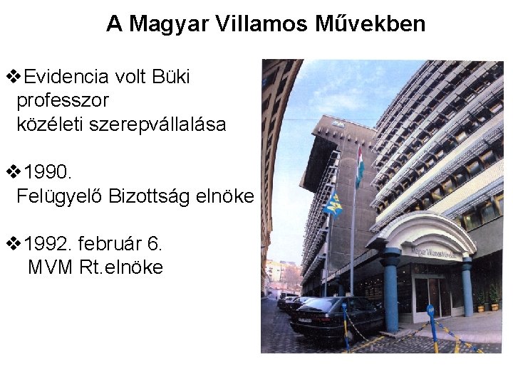 A Magyar Villamos Művekben v. Evidencia volt Büki professzor közéleti szerepvállalása v 1990. Felügyelő