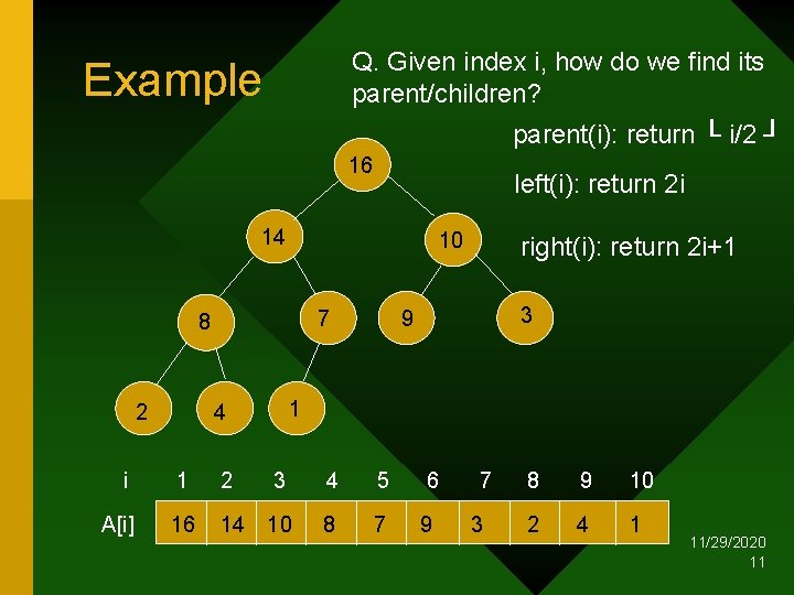 Q. Given index i, how do we find its parent/children? Example parent(i): return └