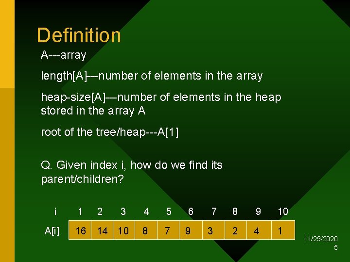 Definition A---array length[A]---number of elements in the array heap-size[A]---number of elements in the heap