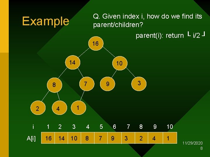 Q. Given index i, how do we find its parent/children? Example parent(i): return └