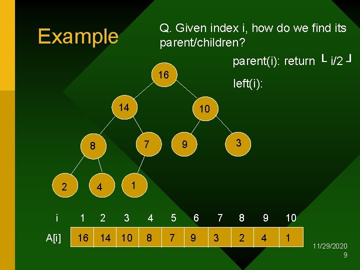 Q. Given index i, how do we find its parent/children? Example parent(i): return └