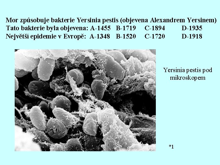 Mor způsobuje bakterie Yersinia pestis (objevena Alexandrem Yersinem) Tato bakterie byla objevena: A-1455 B-1719