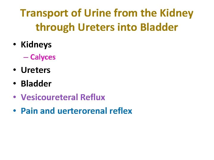 Transport of Urine from the Kidney through Ureters into Bladder • Kidneys – Calyces Transport of Urine from the Kidney through Ureters into Bladder • Kidneys – Calyces