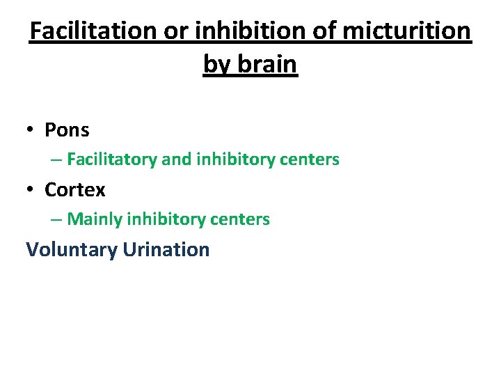 Facilitation or inhibition of micturition by brain • Pons – Facilitatory and inhibitory centers Facilitation or inhibition of micturition by brain • Pons – Facilitatory and inhibitory centers