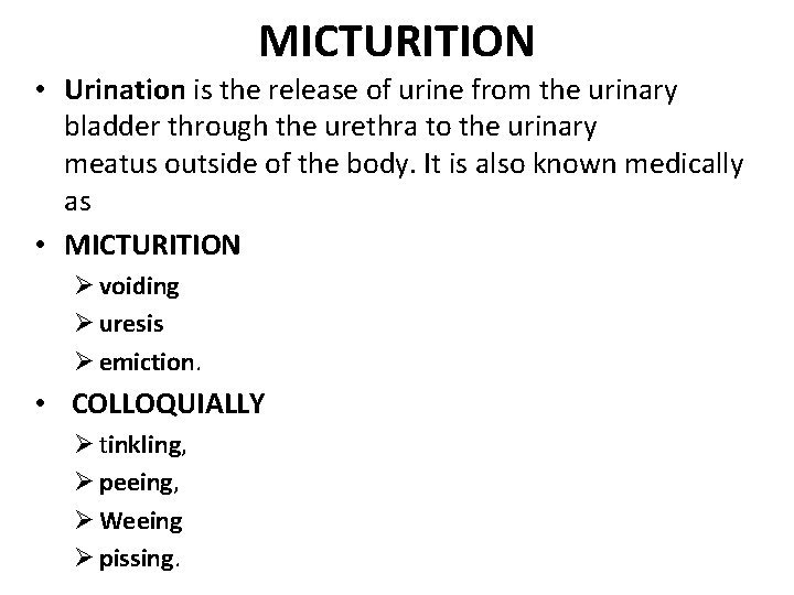 MICTURITION • Urination is the release of urine from the urinary bladder through the MICTURITION • Urination is the release of urine from the urinary bladder through the