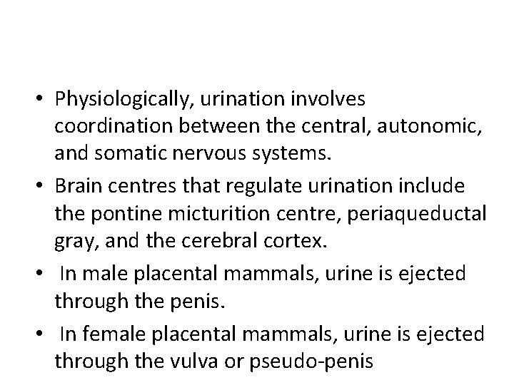 • Physiologically, urination involves coordination between the central, autonomic, and somatic nervous systems. • Physiologically, urination involves coordination between the central, autonomic, and somatic nervous systems.