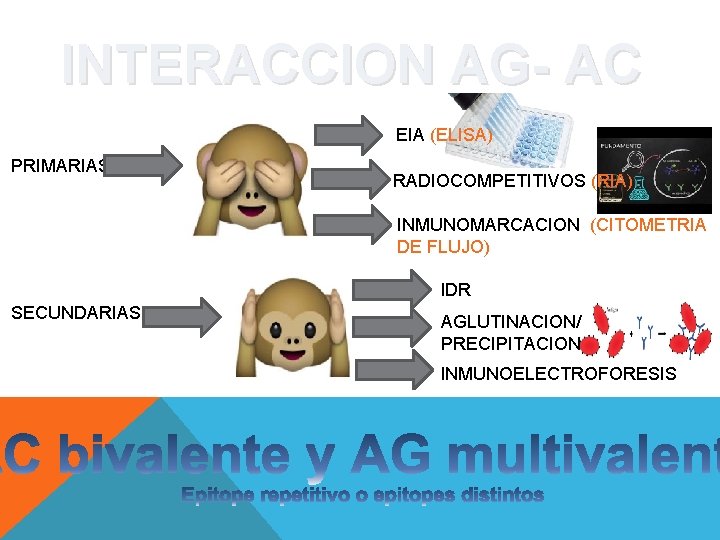 INTERACCION AG- AC EIA (ELISA) PRIMARIAS RADIOCOMPETITIVOS (RIA) INMUNOMARCACION (CITOMETRIA DE FLUJO) IDR SECUNDARIAS