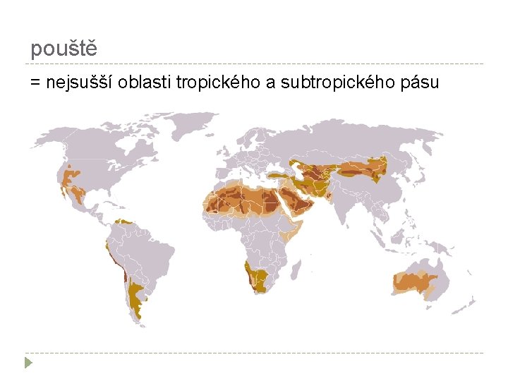 pouště = nejsušší oblasti tropického a subtropického pásu 