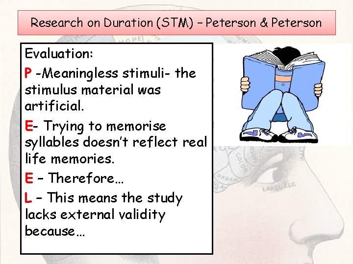 Research on Duration (STM) – Peterson & Peterson Evaluation: P -Meaningless stimuli- the stimulus Research on Duration (STM) – Peterson & Peterson Evaluation: P -Meaningless stimuli- the stimulus