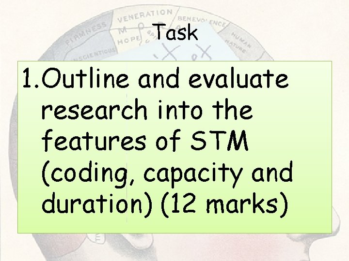 Task 1. Outline and evaluate research into the features of STM (coding, capacity and Task 1. Outline and evaluate research into the features of STM (coding, capacity and