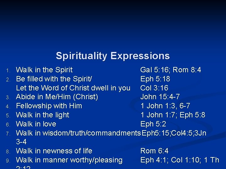 Spirituality Expressions 1. 2. 3. 4. 5. 6. 7. 8. 9. Walk in the