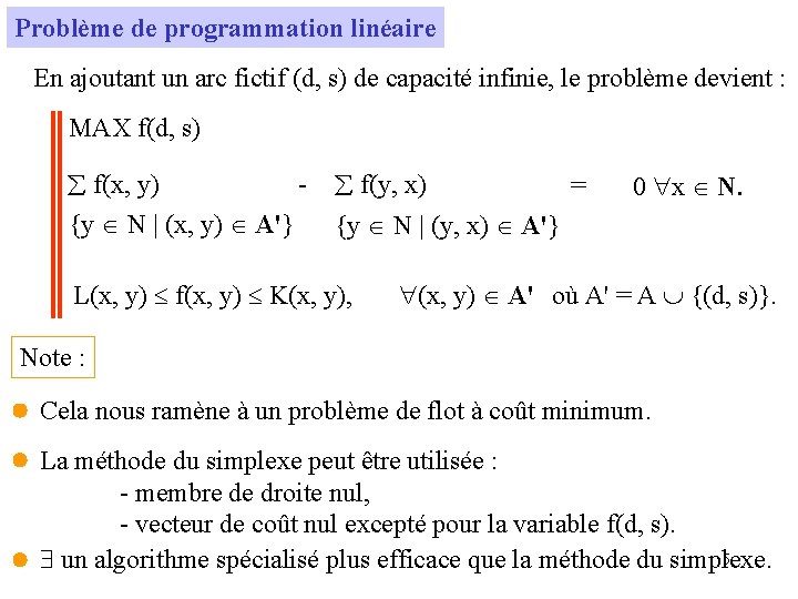 Problème de programmation linéaire En ajoutant un arc fictif (d, s) de capacité infinie,