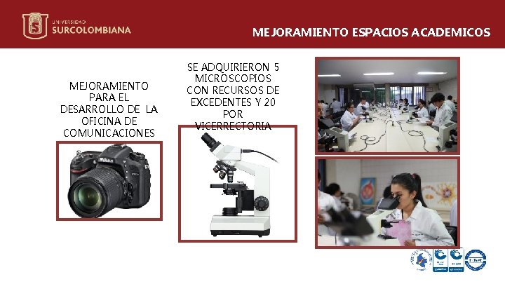 MEJORAMIENTO ESPACIOS ACADEMICOS MEJORAMIENTO PARA EL DESARROLLO DE LA OFICINA DE COMUNICACIONES SE ADQUIRIERON